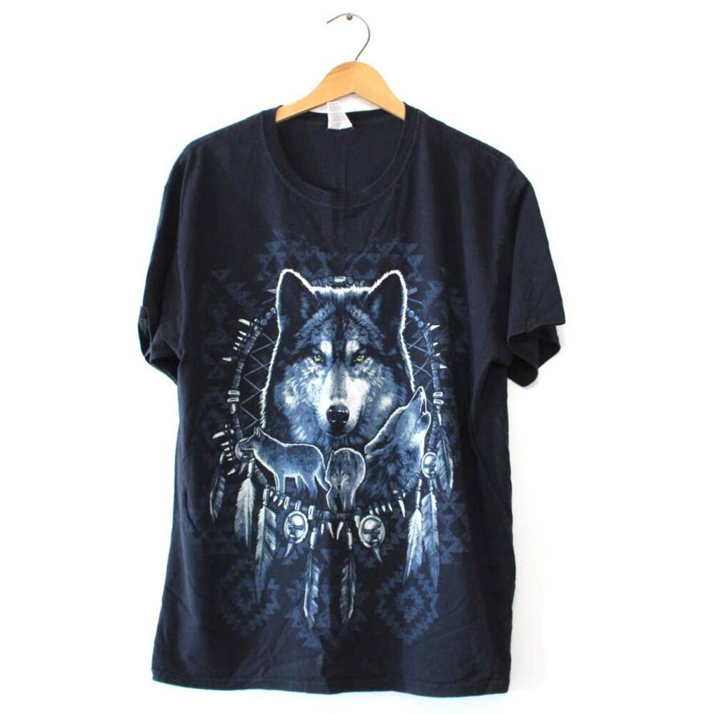 2000s Native American Wolf Black Graphic T Shirt Mens Large